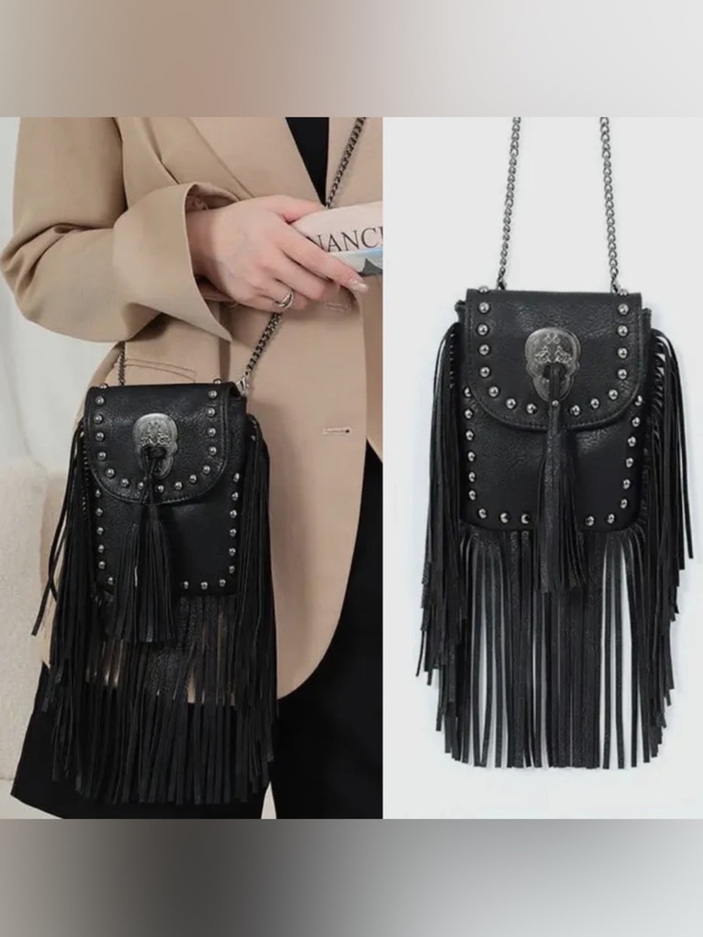 💀 Rockstar Rebel Black Fringe Skull Crossbody Bag Excellent Condition! Festival